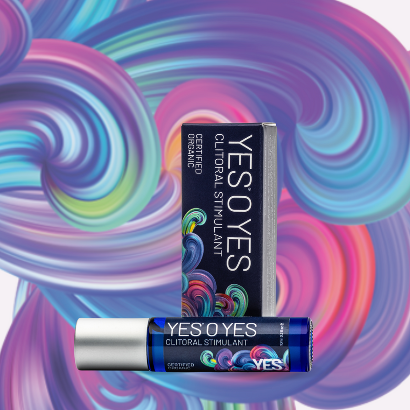 Bottle of YES O YES Clitoral stimulant next to a carton of YES O YES clitoral stimulant.  